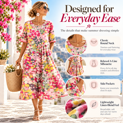 Women's Watercolor Floral Midi Dress, Relaxed A-Line Linen Blend Summer Dress With Side Pockets, Round Neck Short Sleeve Flowy Vacation Dress