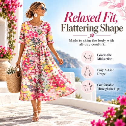 Women's Watercolor Floral Midi Dress, Relaxed A-Line Linen Blend Summer Dress With Side Pockets, Round Neck Short Sleeve Flowy Vacation Dress