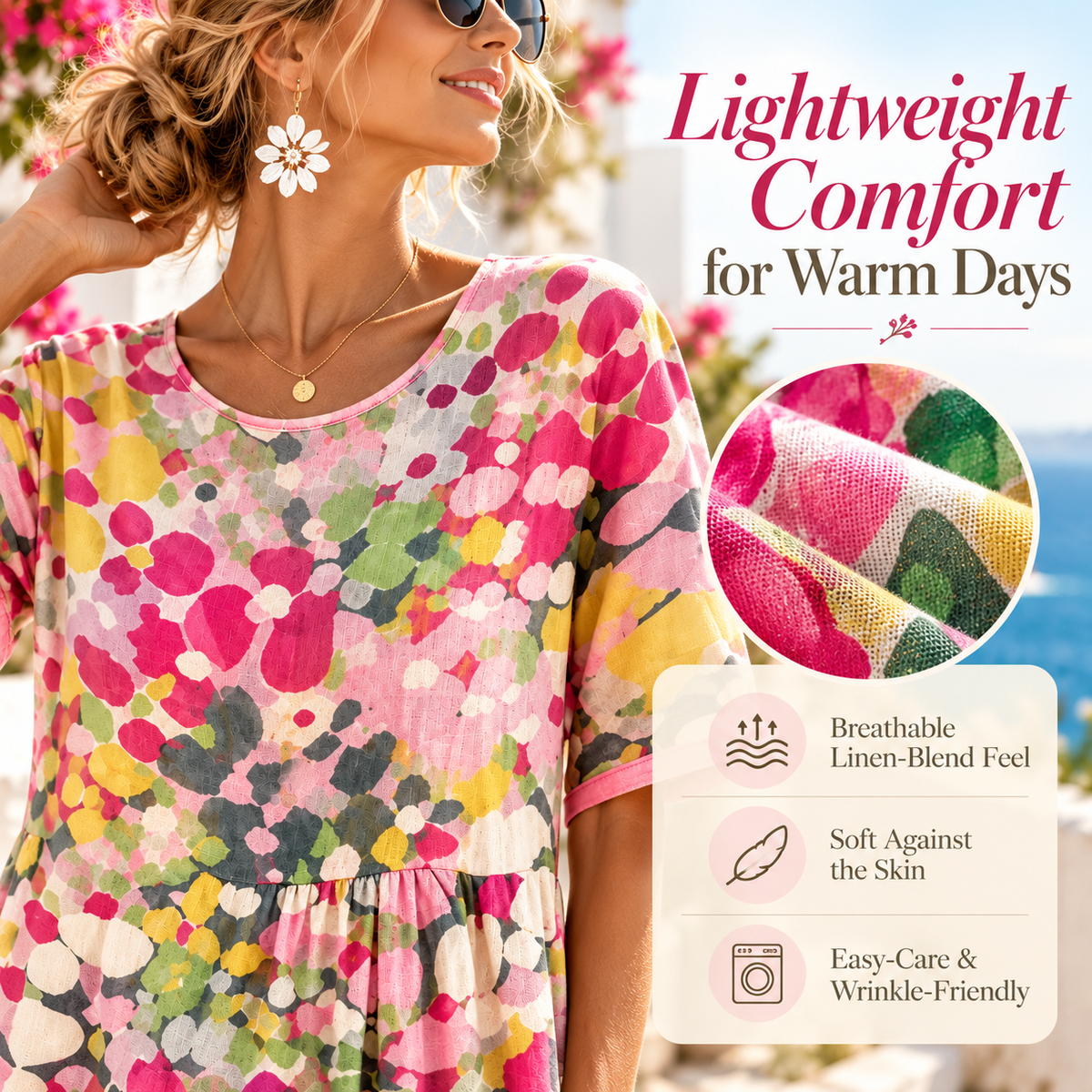 Women's Watercolor Floral Midi Dress, Relaxed A-Line Linen Blend Summer Dress With Side Pockets, Round Neck Short Sleeve Flowy Vacation Dress