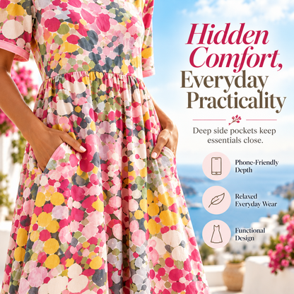 Women's Watercolor Floral Midi Dress, Relaxed A-Line Linen Blend Summer Dress With Side Pockets, Round Neck Short Sleeve Flowy Vacation Dress