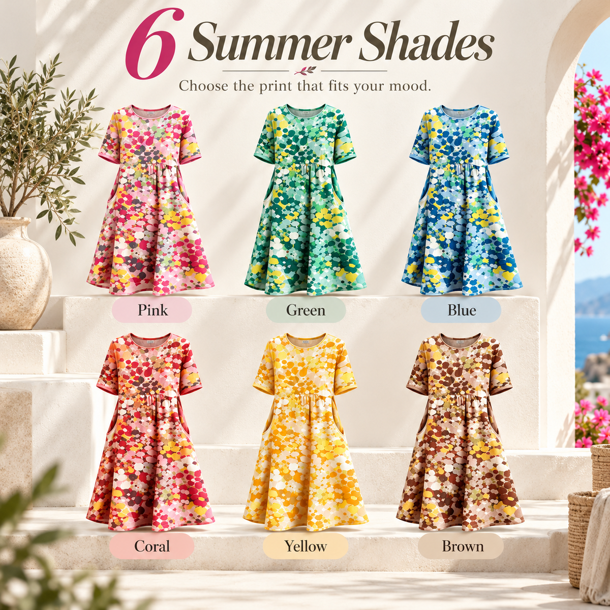 Women's Watercolor Floral Midi Dress, Relaxed A-Line Linen Blend Summer Dress With Side Pockets, Round Neck Short Sleeve Flowy Vacation Dress