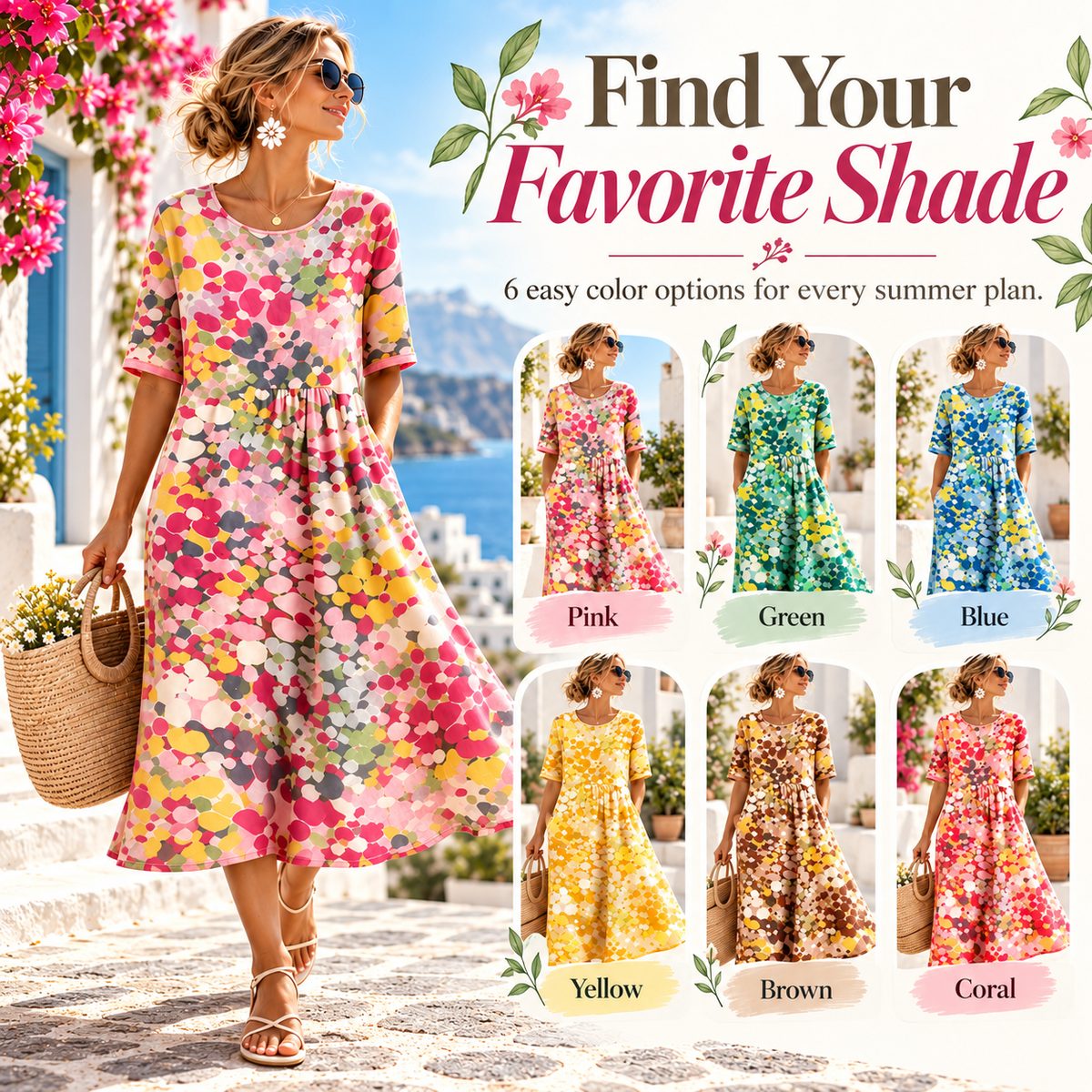 Women's Watercolor Floral Midi Dress, Relaxed A-Line Linen Blend Summer Dress With Side Pockets, Round Neck Short Sleeve Flowy Vacation Dress