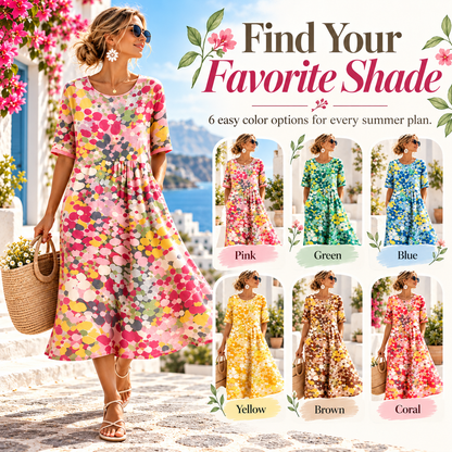 Women's Watercolor Floral Midi Dress, Relaxed A-Line Linen Blend Summer Dress With Side Pockets, Round Neck Short Sleeve Flowy Vacation Dress