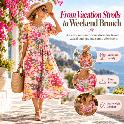Women's Watercolor Floral Midi Dress, Relaxed A-Line Linen Blend Summer Dress With Side Pockets, Round Neck Short Sleeve Flowy Vacation Dress