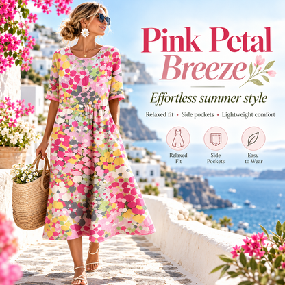 Women's Watercolor Floral Midi Dress, Relaxed A-Line Linen Blend Summer Dress With Side Pockets, Round Neck Short Sleeve Flowy Vacation Dress