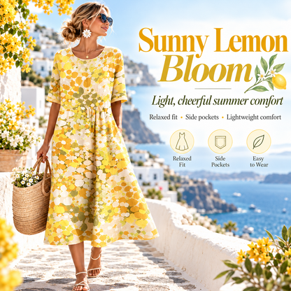 Women's Watercolor Floral Midi Dress, Relaxed A-Line Linen Blend Summer Dress With Side Pockets, Round Neck Short Sleeve Flowy Vacation Dress