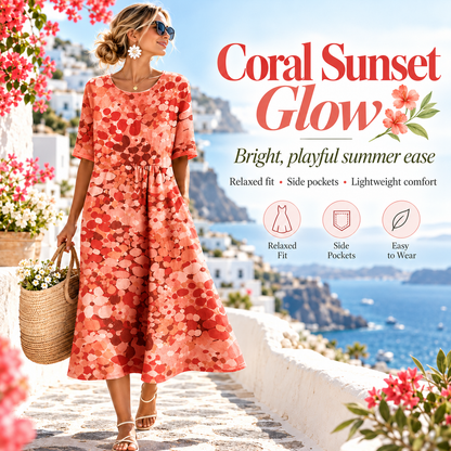 Women's Watercolor Floral Midi Dress, Relaxed A-Line Linen Blend Summer Dress With Side Pockets, Round Neck Short Sleeve Flowy Vacation Dress